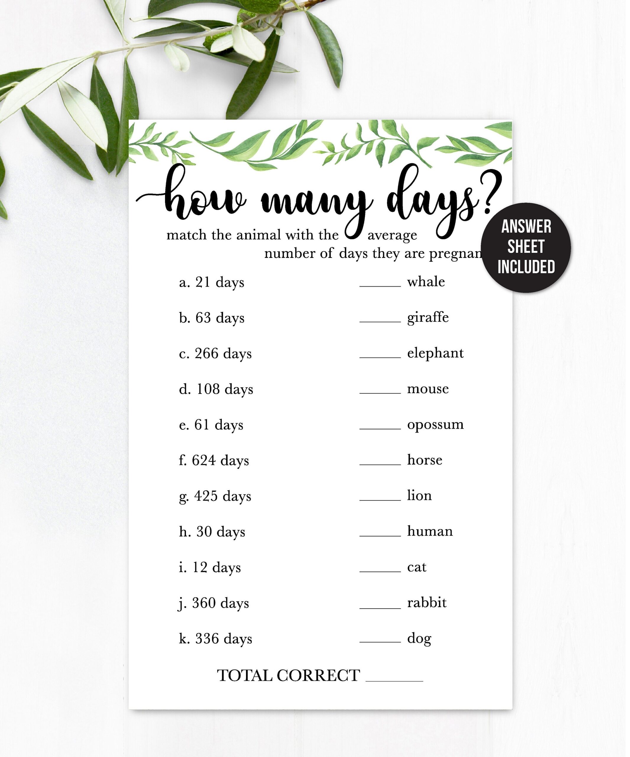 Animal Gestation Game Guess Animal Pregnancy Length How Many Days Baby Shower Game Greenery Baby Shower Baby Animals Game Rustic Etsy