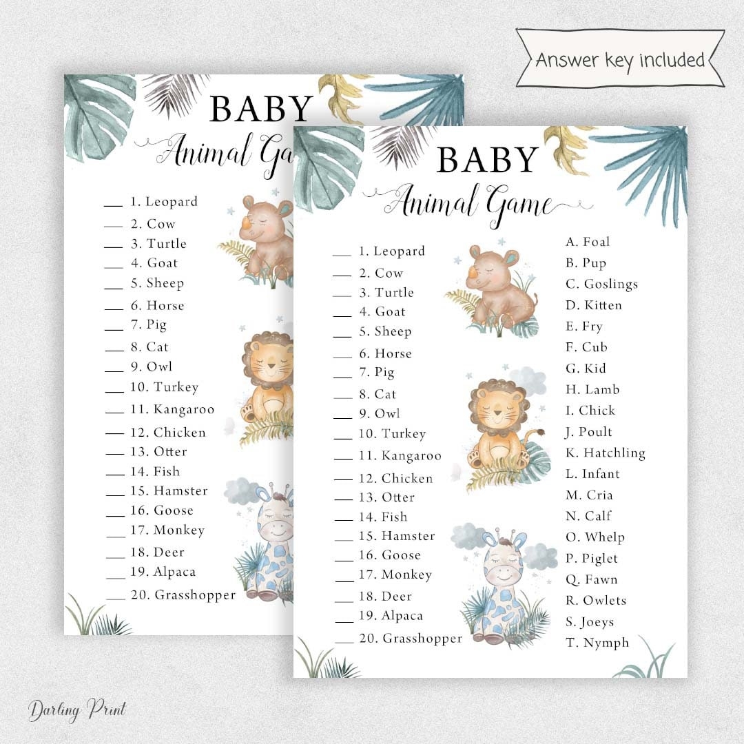 free printable baby shower animal name game