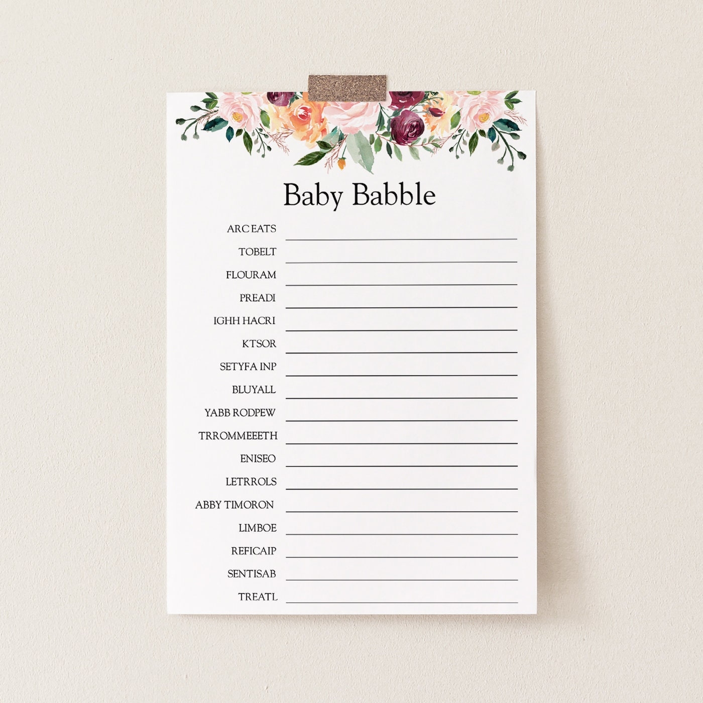 Baby Babble Scramble Baby Shower Game Printable Card Time For Tea 