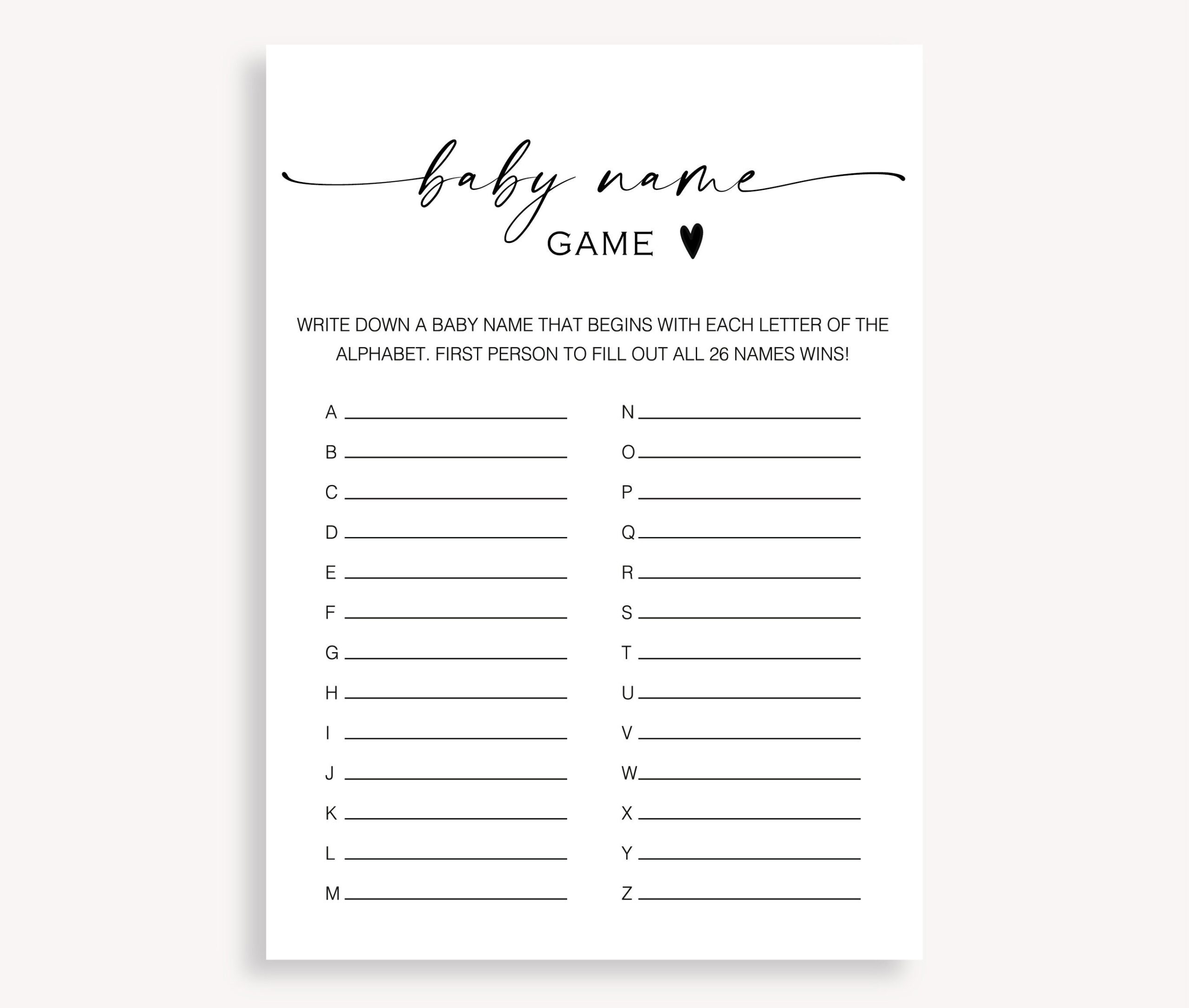 Baby Name Alphabet Game Printable Baby A To Z Name Game Gender Neutral Baby Shower Game Baby Name Race Game Clothes Baby Shower 10 FA Etsy Ireland