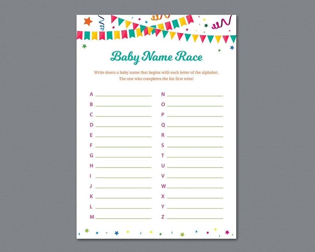 Baby Name Race Game Printable Mexican Fiesta Theme Baby Shower Games Party A Z Baby Names Alphabet Baby Names Instant Download B020 Etsy