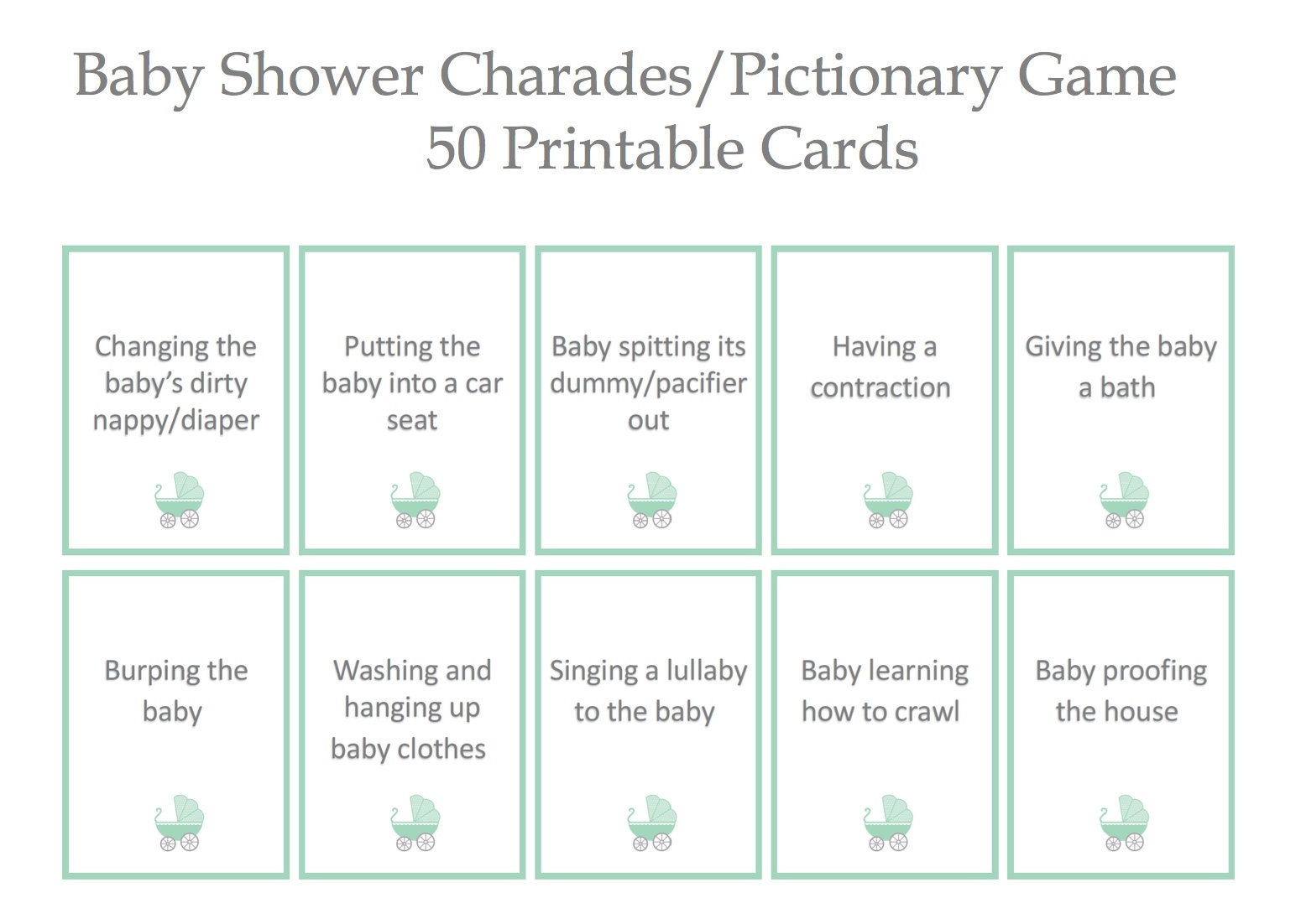 Baby Shower Charades Game Mint Green Gender Reveal Game INSTANT Digital Download Etsy