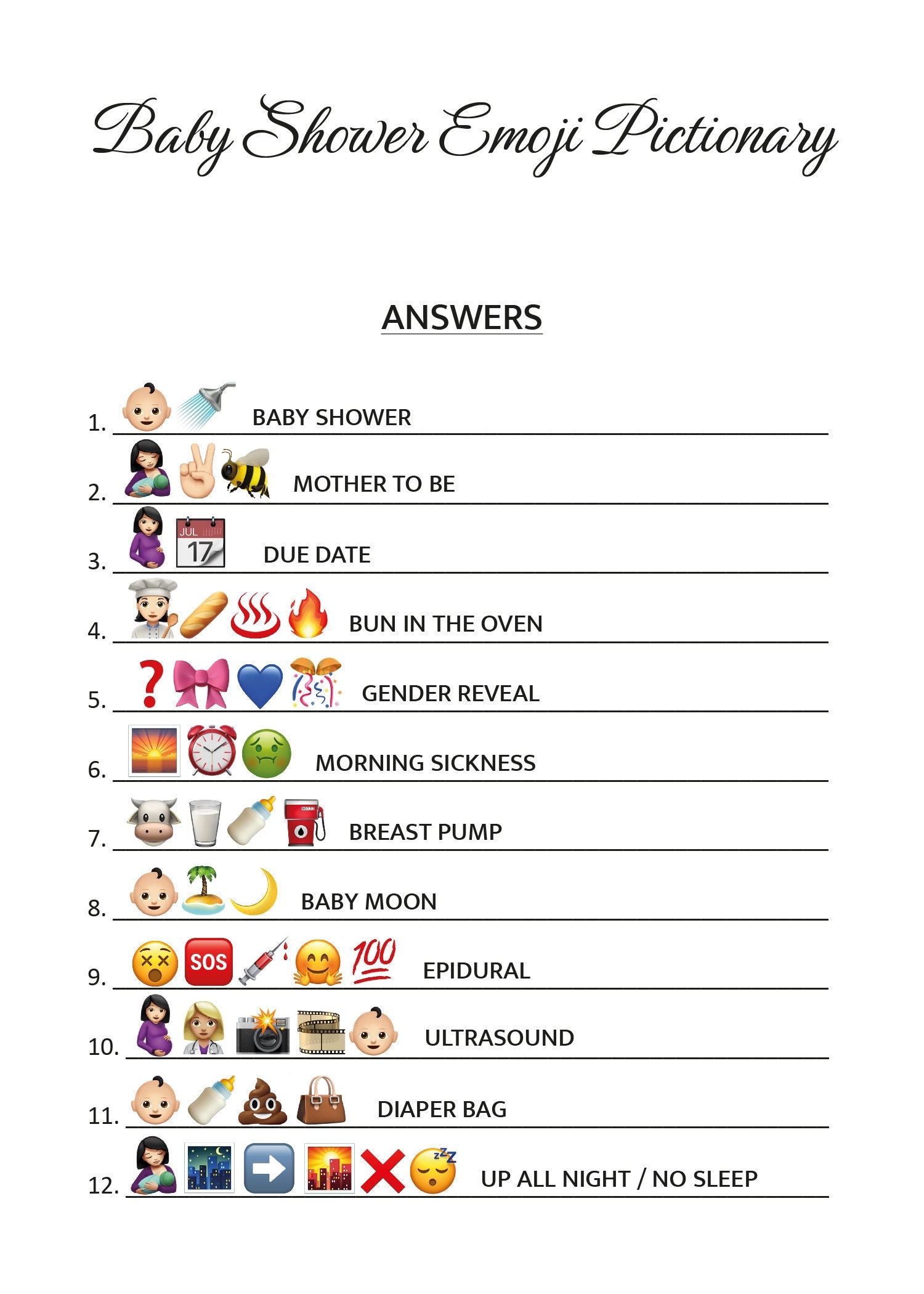 Baby Shower Emoji Pictionary Game Answers