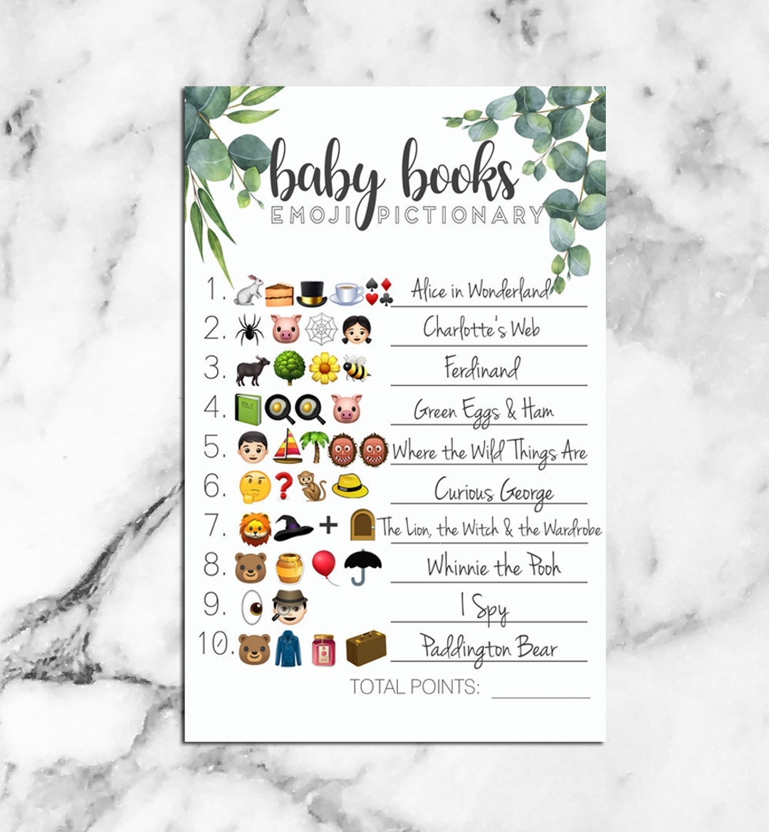 Baby Shower Emoji Pictionary Game With Answer Key Children s Book Titles Guessing Game Instant Printable Etsy
