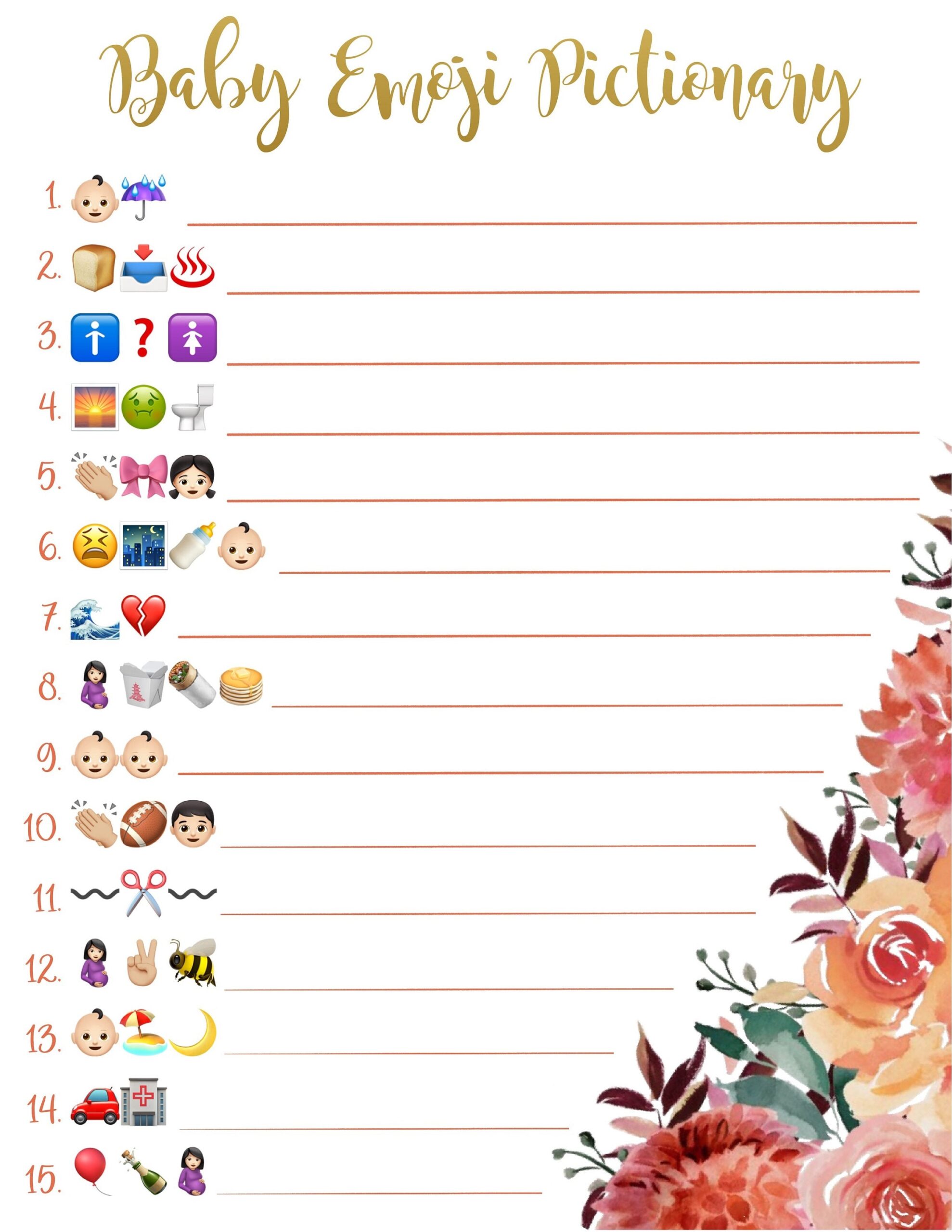 Baby Shower Emoji Pictionary L Baby Shower Game L Gold Lettering L Trendy L Answer Key L Gender Neutral L Digital Download L Printable Etsy