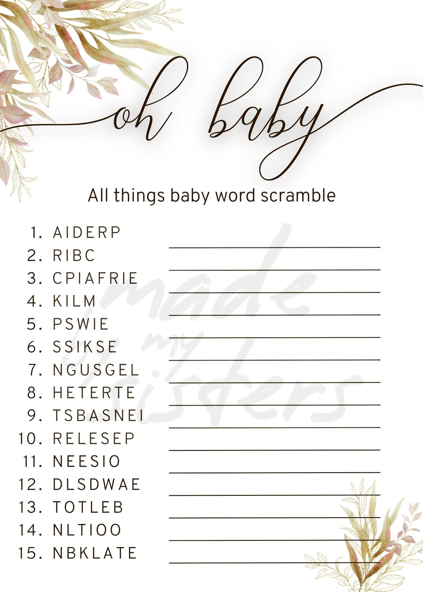 Baby Shower Games and Answer Keys 