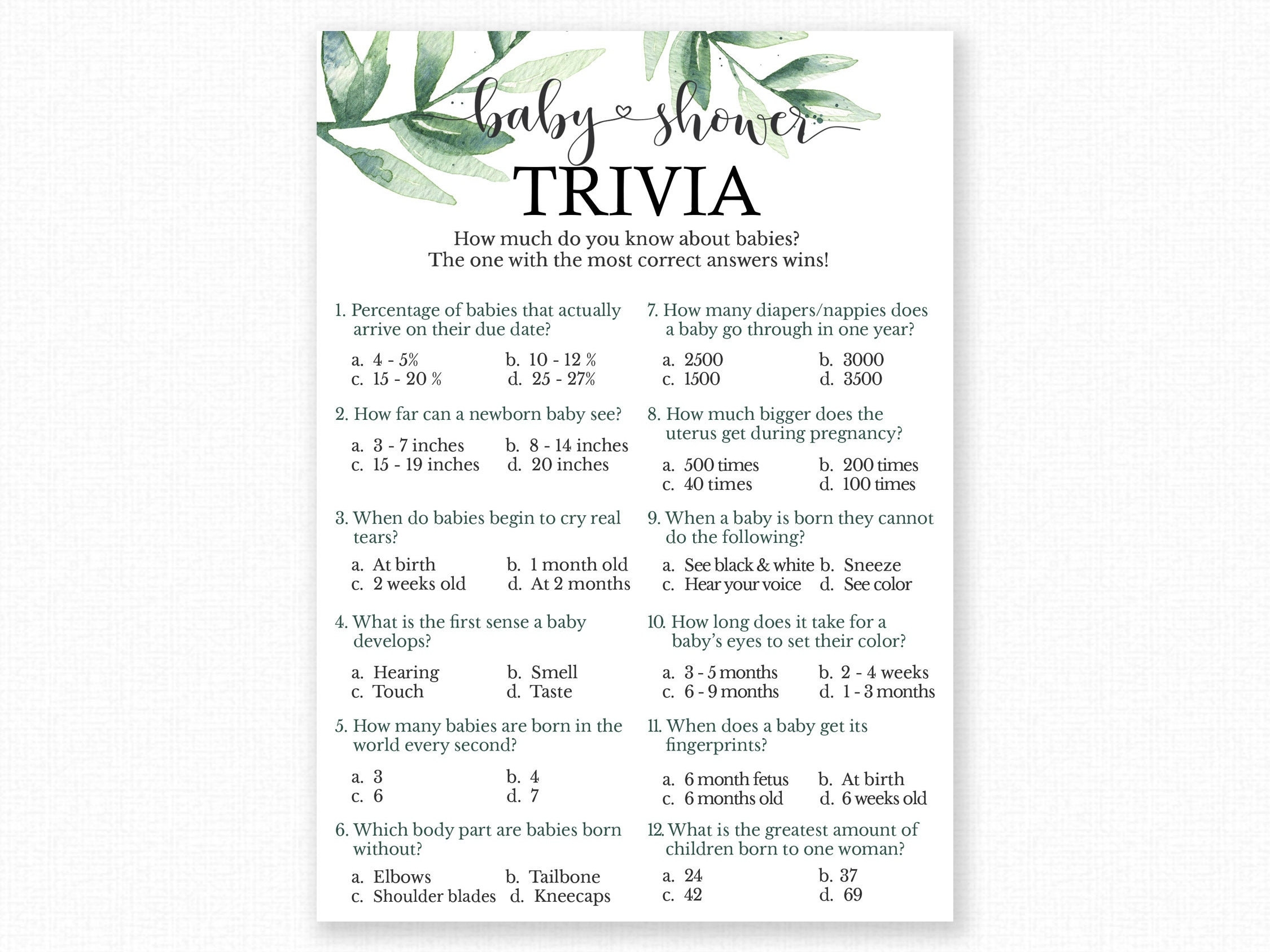 Baby Shower Games Baby Trivia Game Baby Shower Trivia Botanical Baby Shower Botanical Shower Game Printable Game Greenery Shower