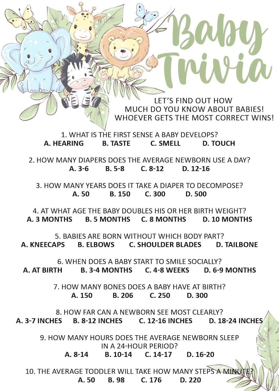 Baby Shower Trivia Game Printable Jungle Inspired Safari Theme 