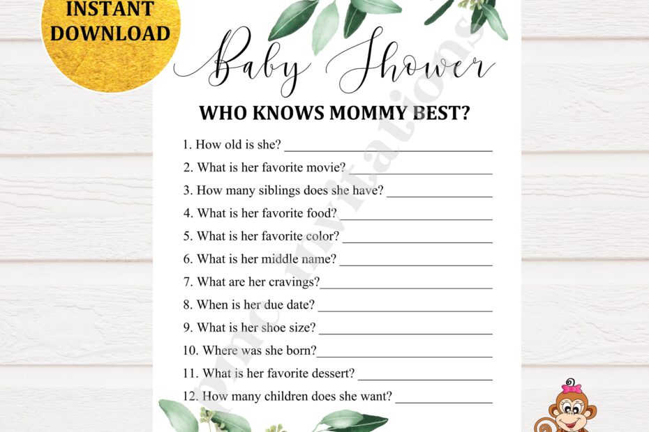 Baby Shower Who Knows Mommy Best Game Baby Shower Game Printable Baby Shower Instant Download Greenery Eucalyptus
