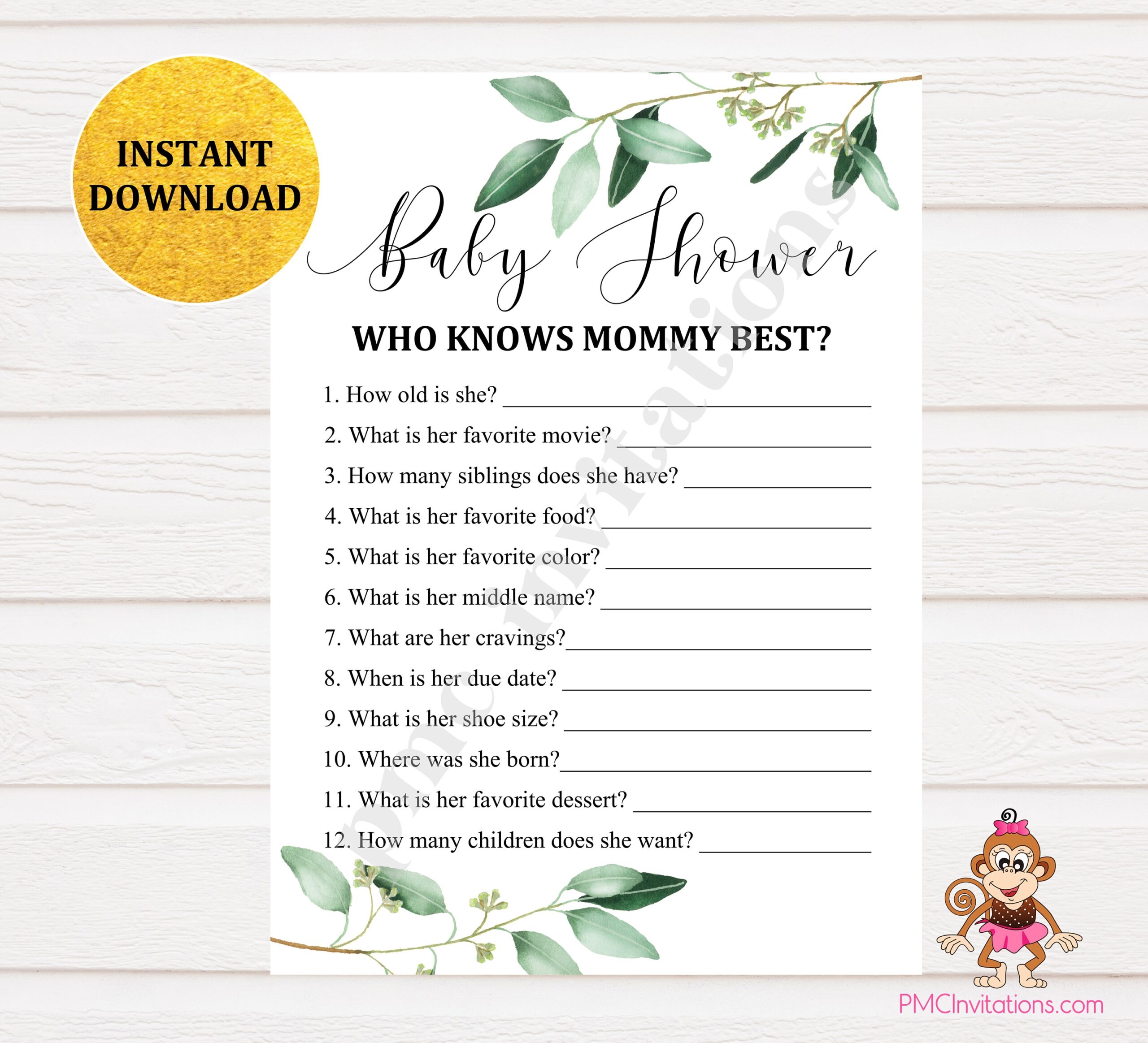 Baby Shower Who Knows Mommy Best Game Baby Shower Game Printable Baby Shower Instant Download Greenery Eucalyptus