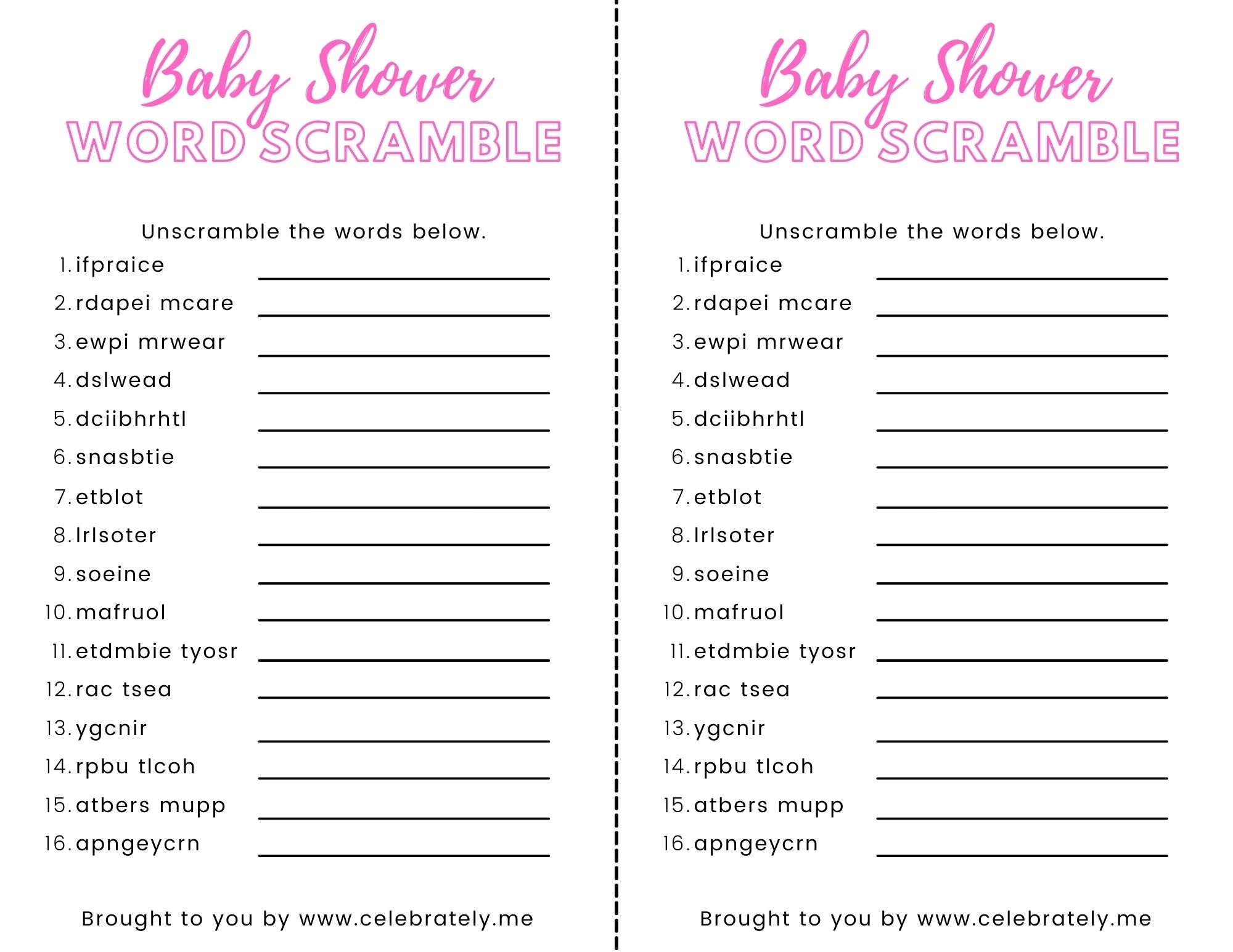 free printable baby scramble game with answers