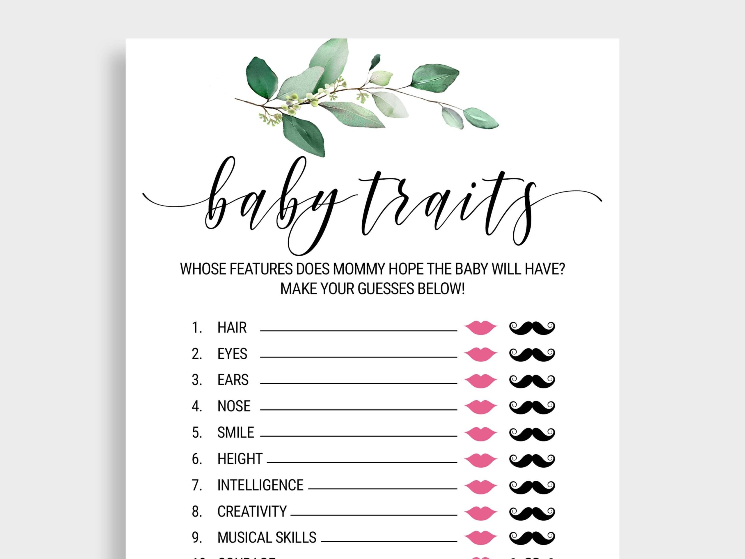 Baby Traits Game Baby Shower Game Printable Baby Shower Instant 