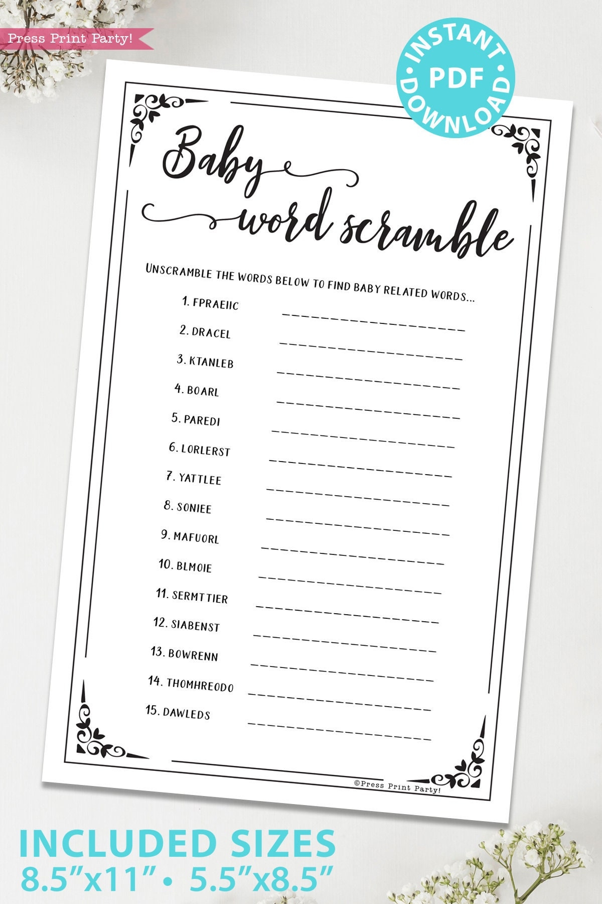 Baby Word Scramble Baby Shower Game Printable Answer Key Baby 