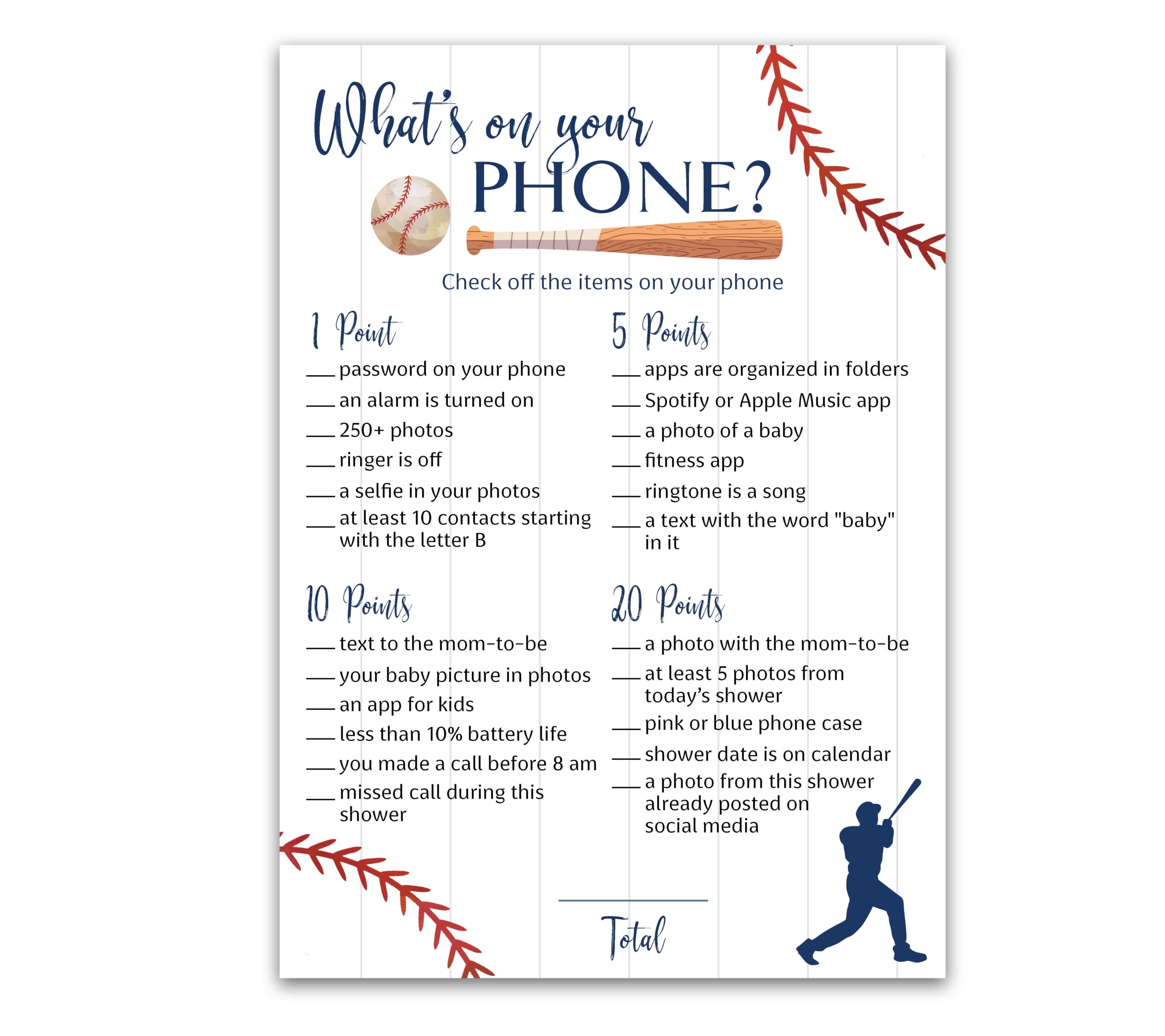 BASEBALL Baby Shower Games WHAT S ON YOUR PHONE Baby Shower Game Pack Of 25 Rustic Sports Navy Blue BOY Baby Shower Game Sport Baseball Theme Little Slugger Shower Activity G900 PHN 