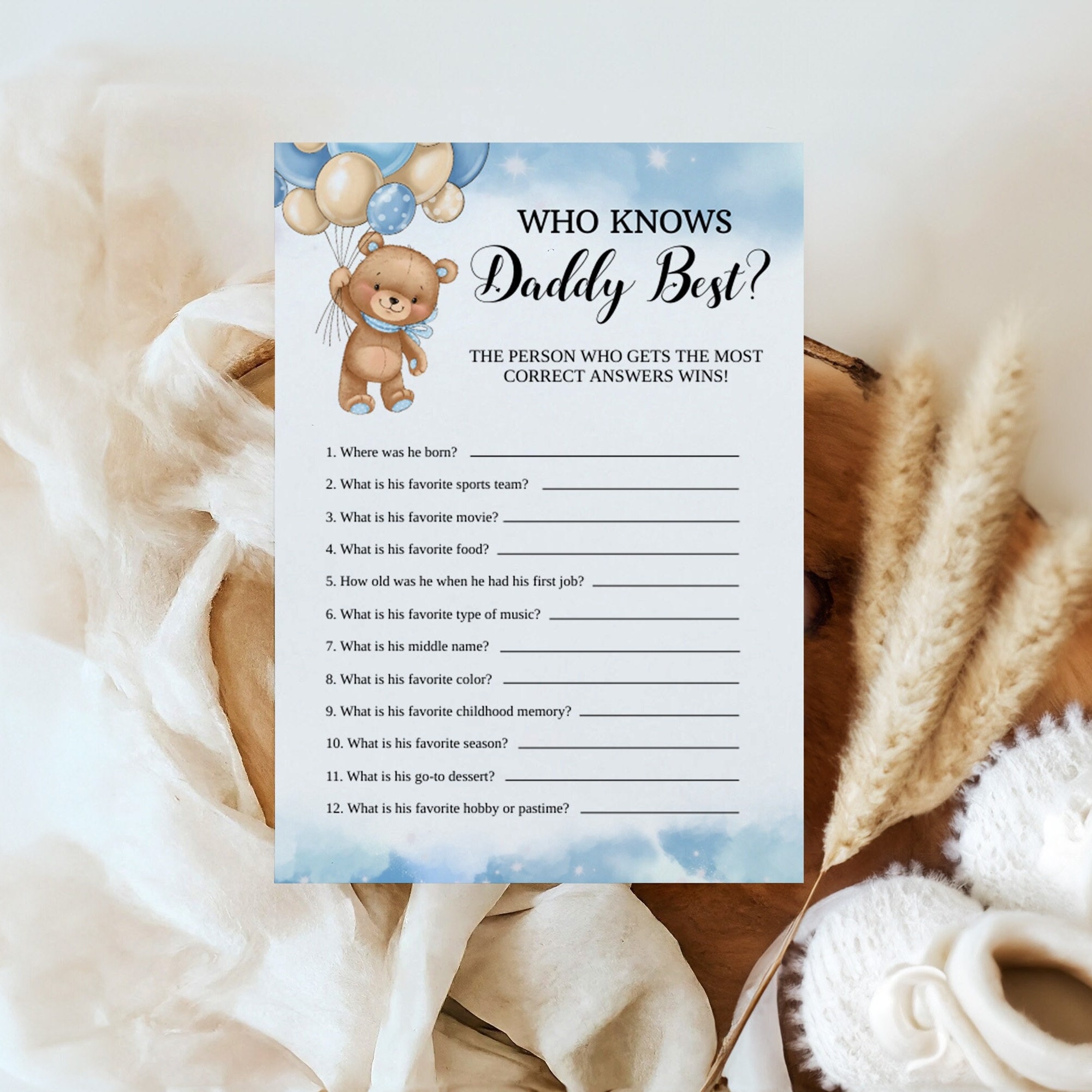 Blue Teddy Bear Baby Shower Game Who Knows Daddy Best Printable Instant Download BTBS 1 Etsy