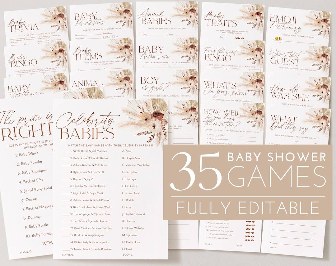 Boho Baby Shower Games Baby Shower Editable Games Printable Games Baby Games Pack Gender Neutral Baby Shower Game Dried Flower Games Etsy