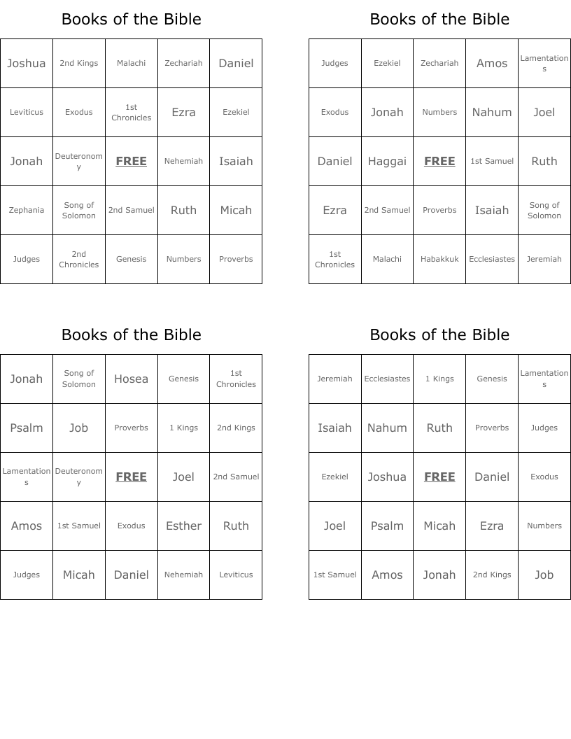 Books Of The Bible Bingo Cards WordMint