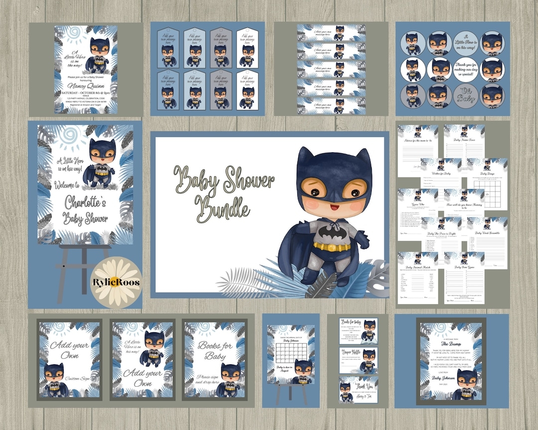 Boys Blue Superhero Baby Shower Invitation Bundle Batboy Baby Shower Decor Bat Baby Complete Shower Bundle Etsy