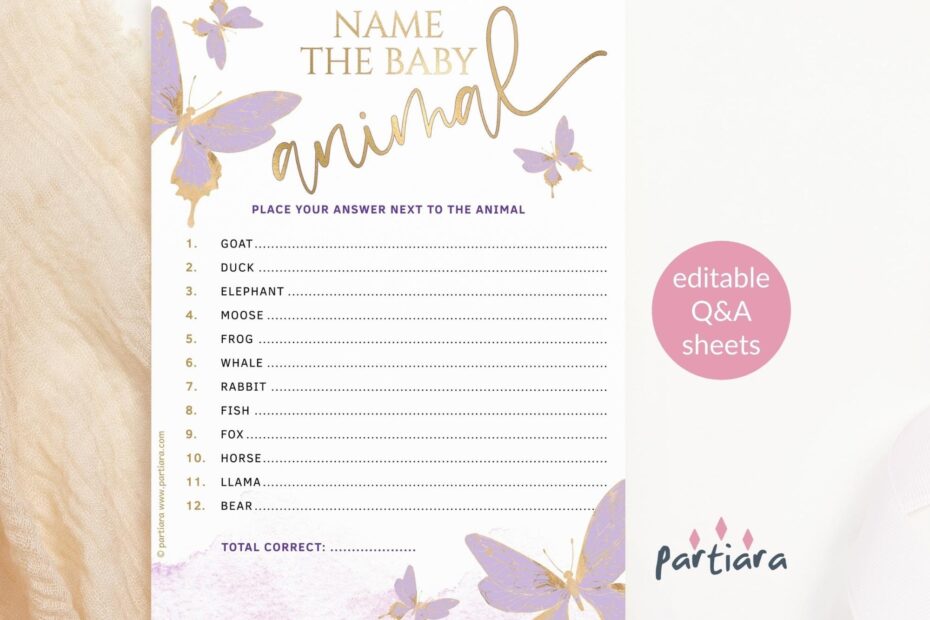 Butterfly Baby Shower Game Name The Baby Animals Printable Party Activity Games Card Editable Template Purple Lilac Gold Deco P438 Etsy