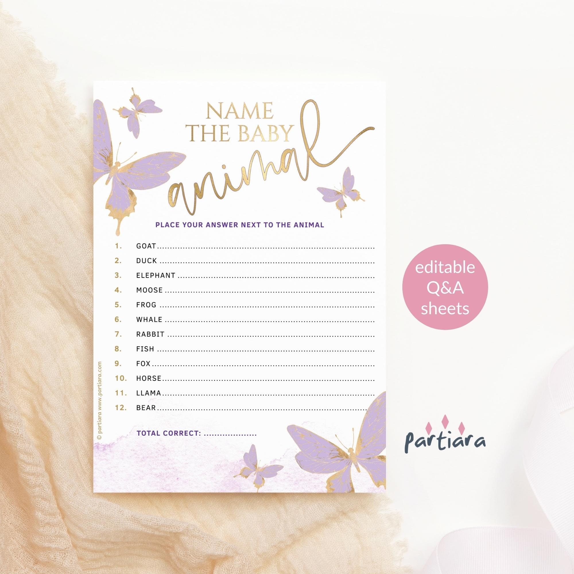 Butterfly Baby Shower Game Name The Baby Animals Printable Party Activity Games Card Editable Template Purple Lilac Gold Deco P438 Etsy