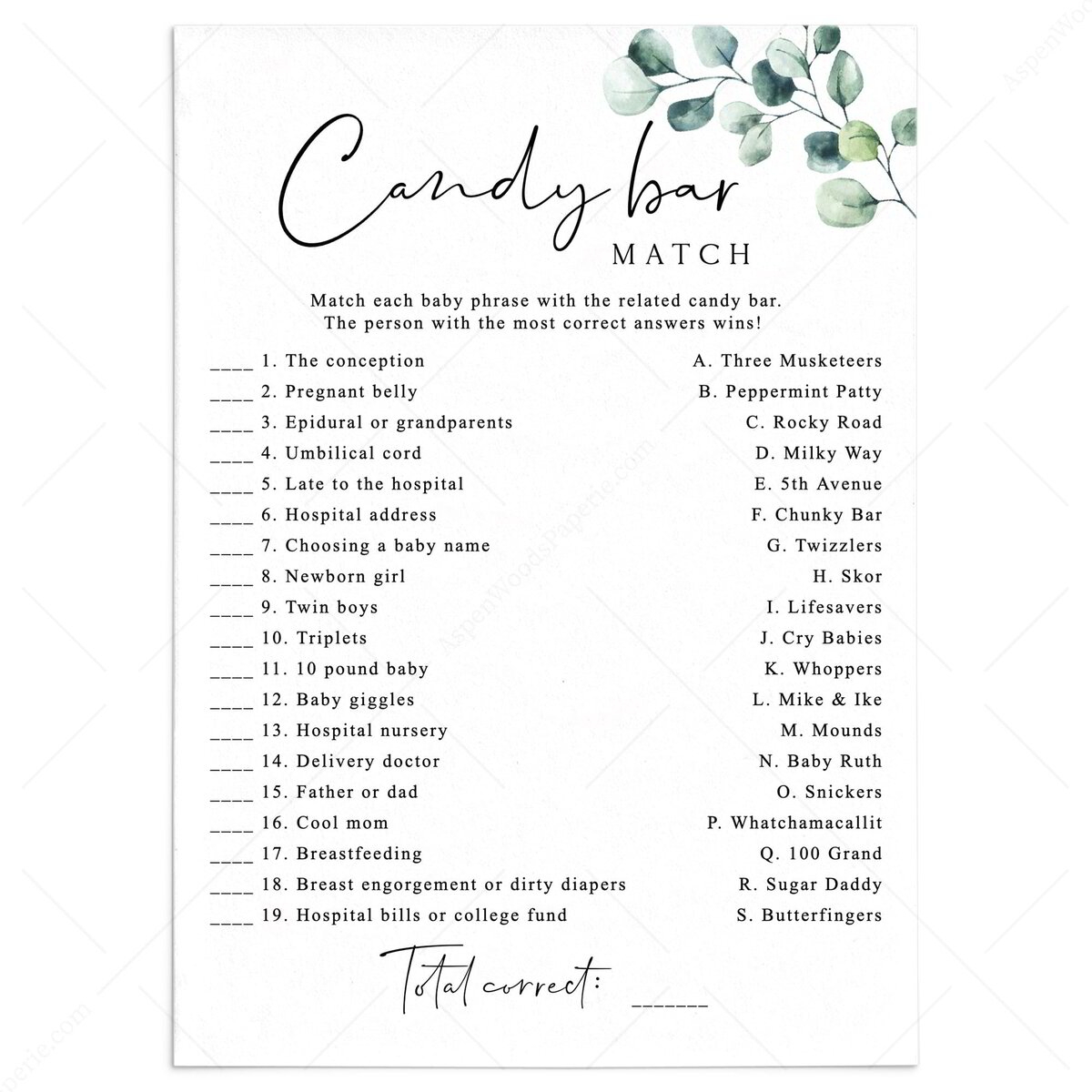 Candy Bar Match Game Botanical Baby Shower Theme Printable