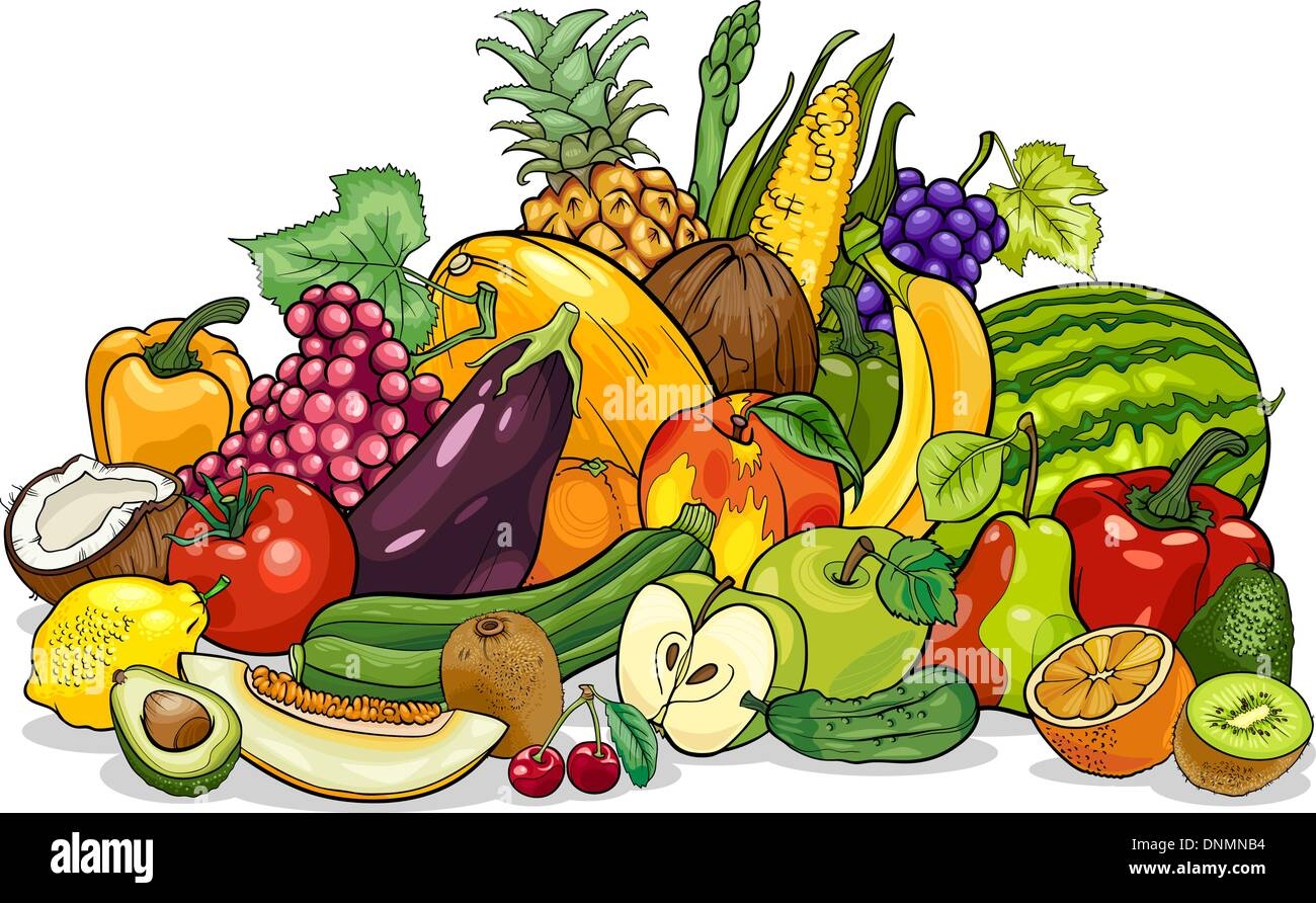Cartoon Illustration Of Fruits And Vegetables Big Group Food 