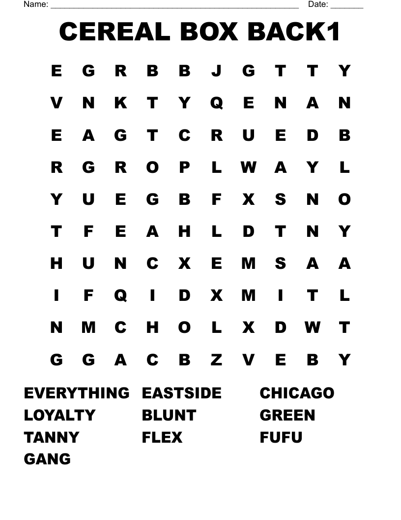 CEREAL BOX BACK1 Word Search WordMint