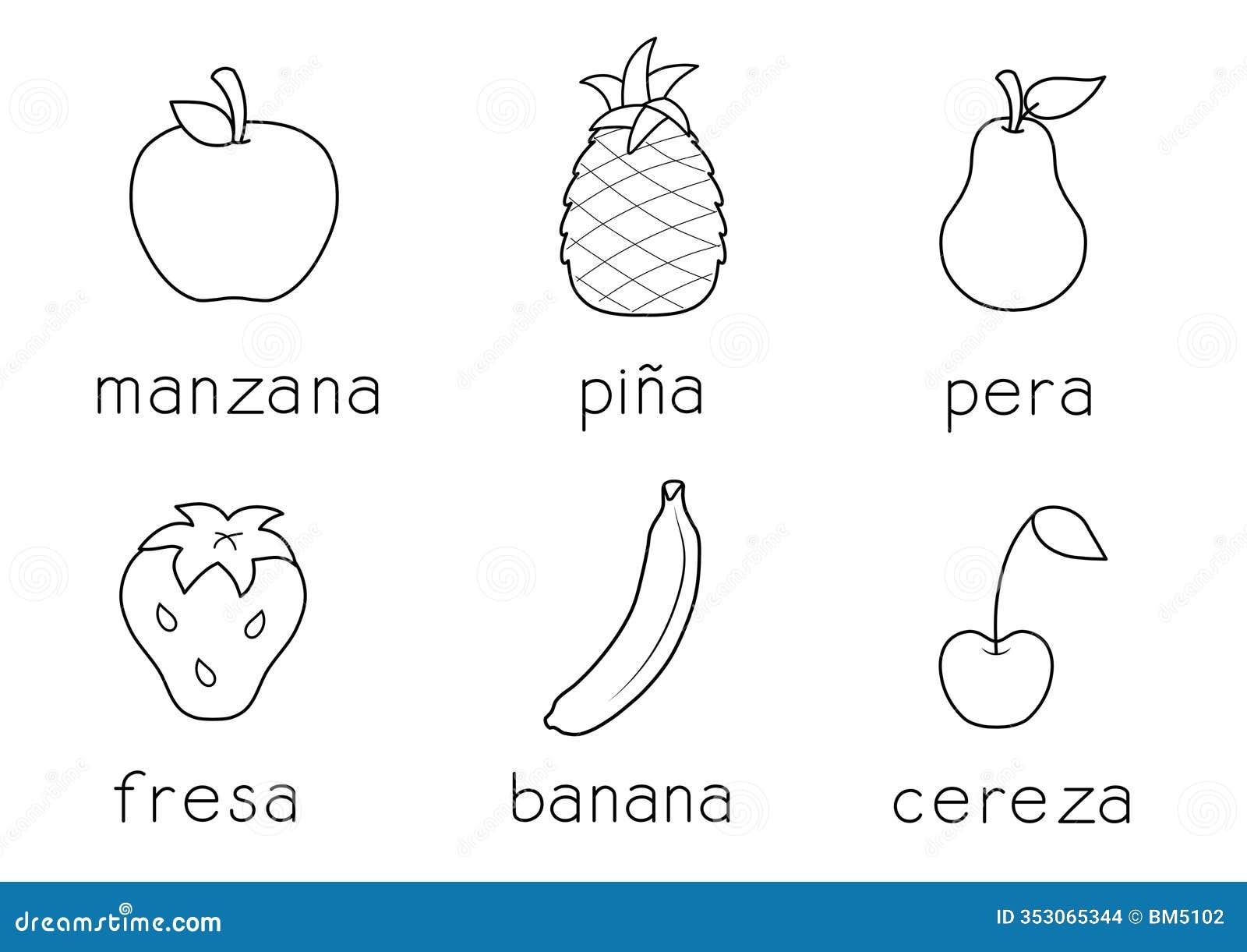 Common Words In Spanish Fruits And Names A4 Colouring Page Apple 