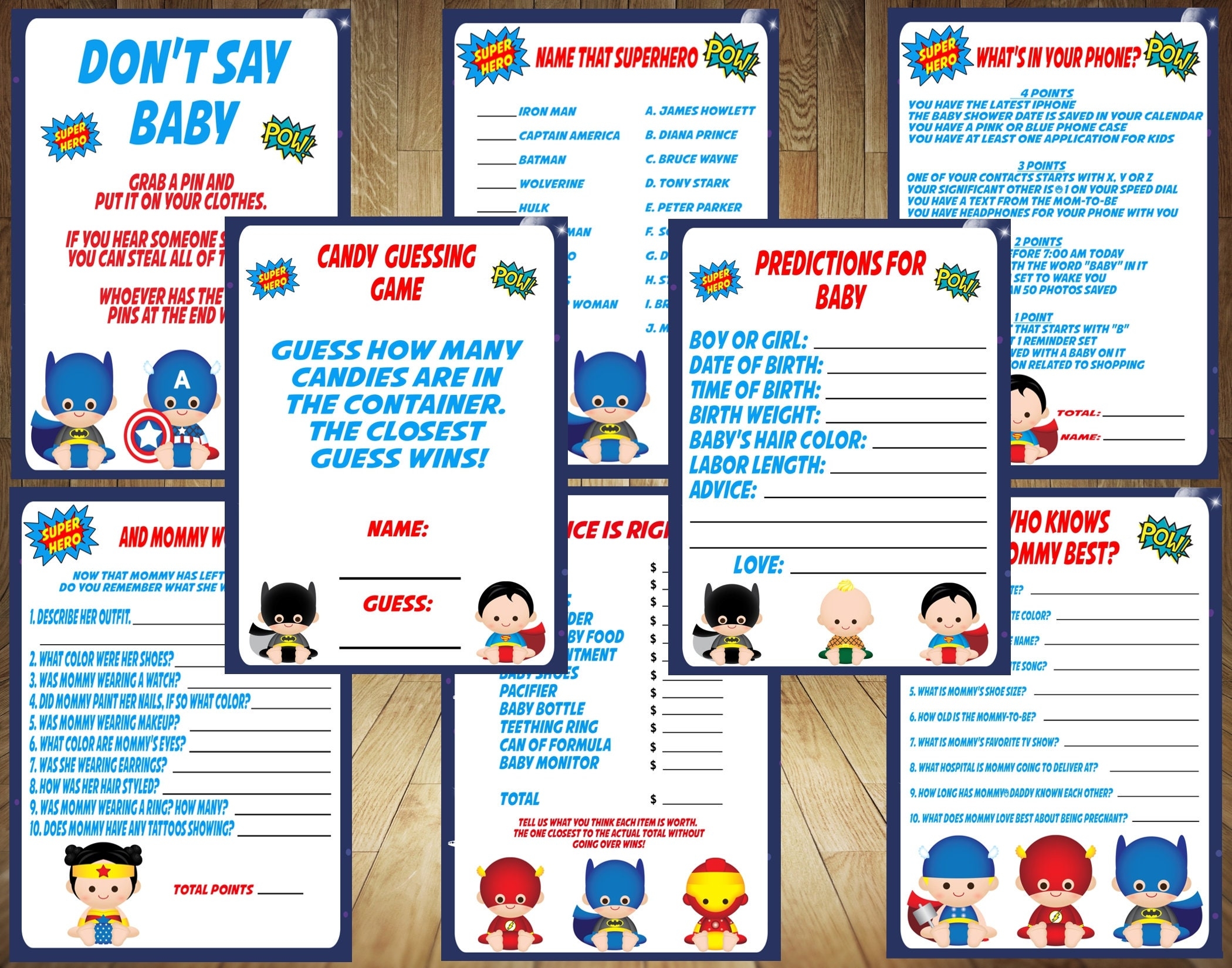 Create Your Own Bundle Superhero Baby Shower Game Superhero Baby Shower Avengers Baby Shower Superbaby Baby Shower Super Baby Etsy