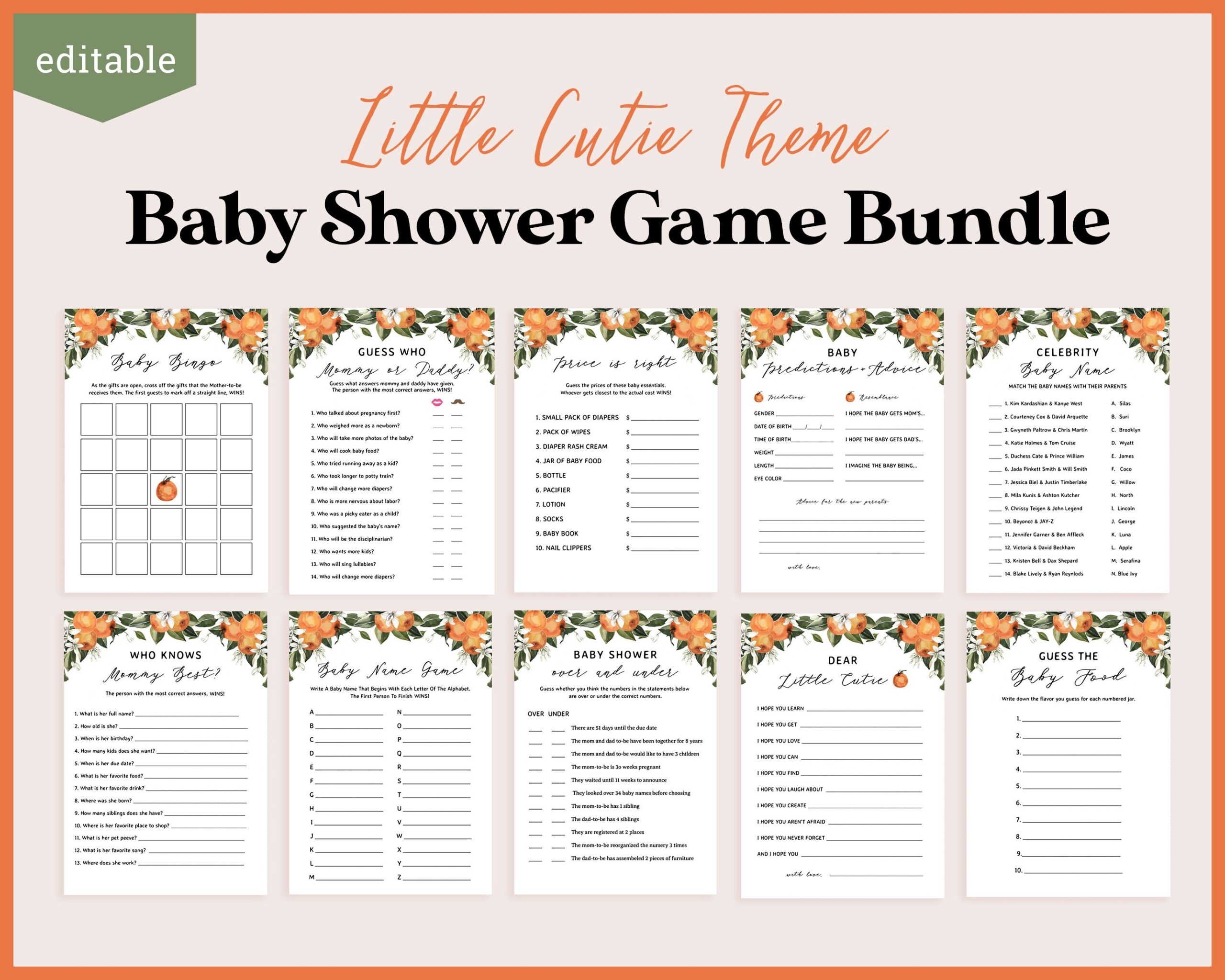 Cutie Baby Shower Games Printable A Little Cutie Baby Shower Over And Under Citrus Baby Shower Baby Shower Activity Etsy