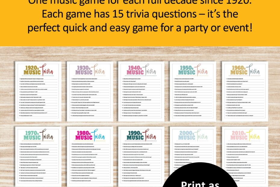 Decades Music Game Bundle Printable Trivia Party Instant Download 20s 30s 40s 50s 60s 70s 80s 90s 00s 10s Etsy