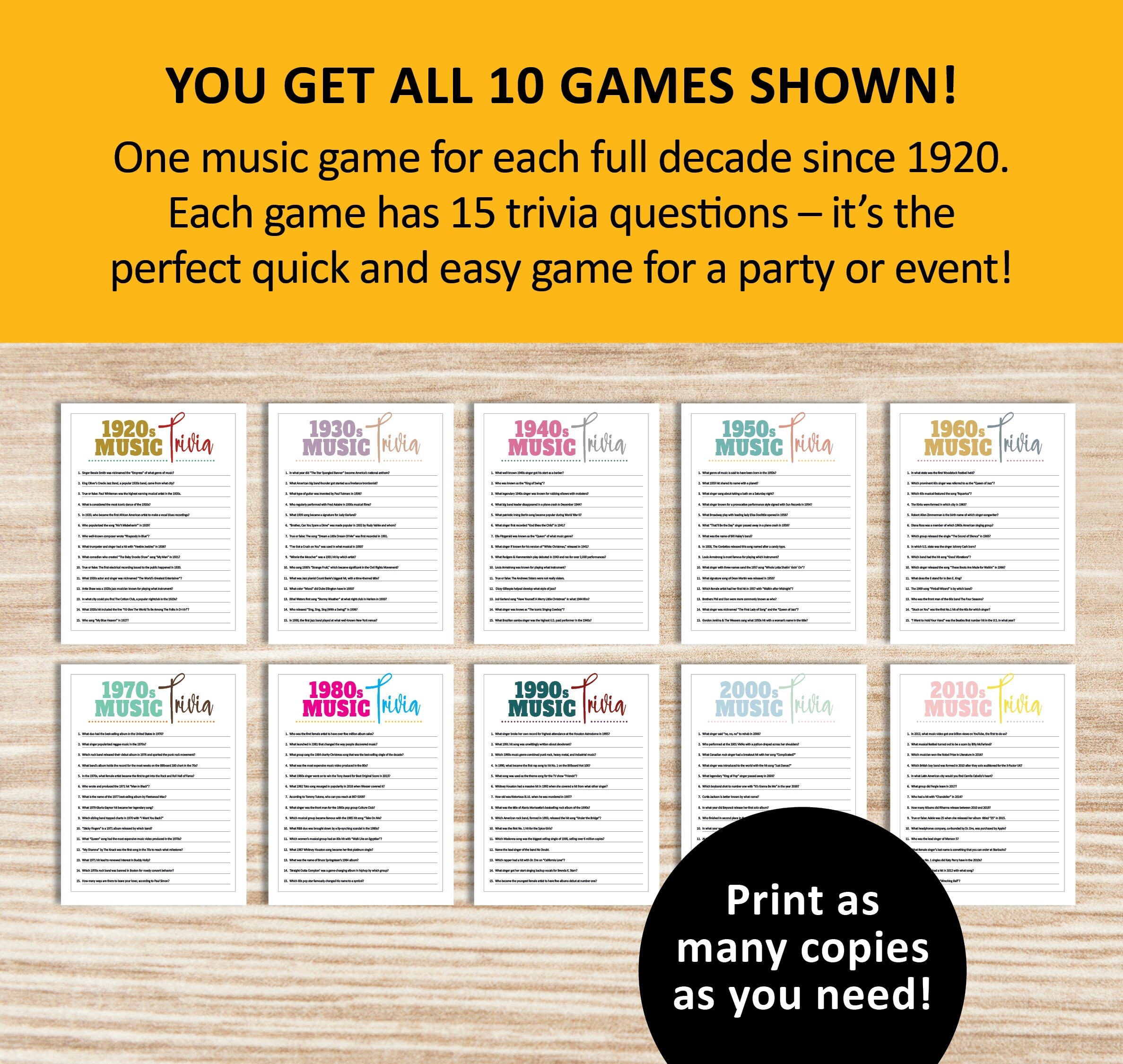 Decades Music Game Bundle Printable Trivia Party Instant Download 20s 30s 40s 50s 60s 70s 80s 90s 00s 10s Etsy
