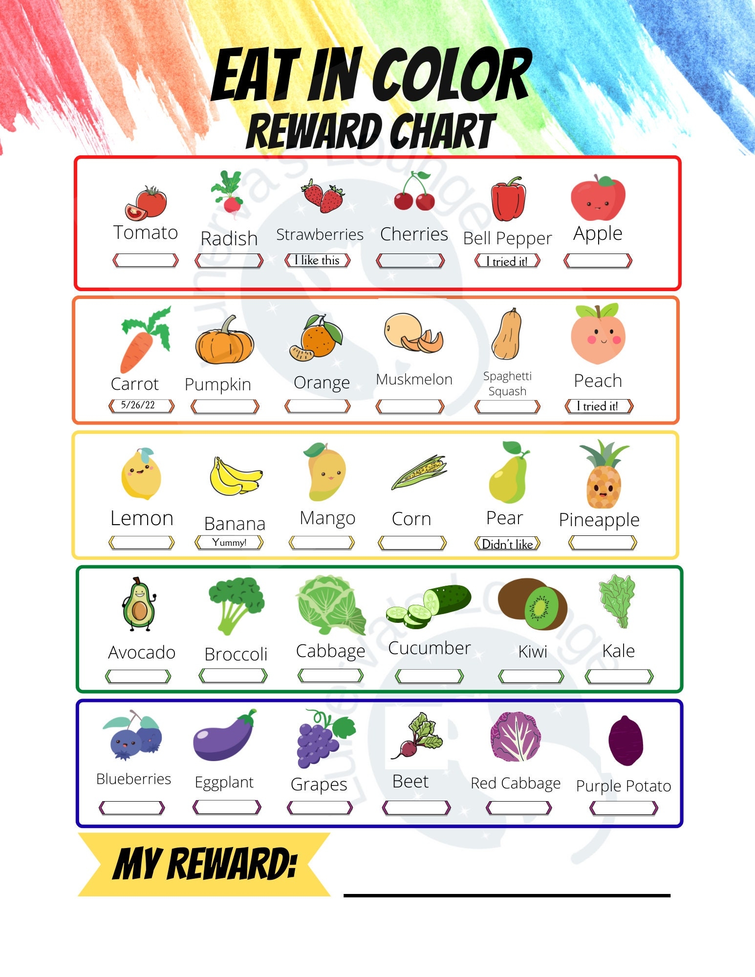 Eat In Color Fruit And Vegetables Reward Chart