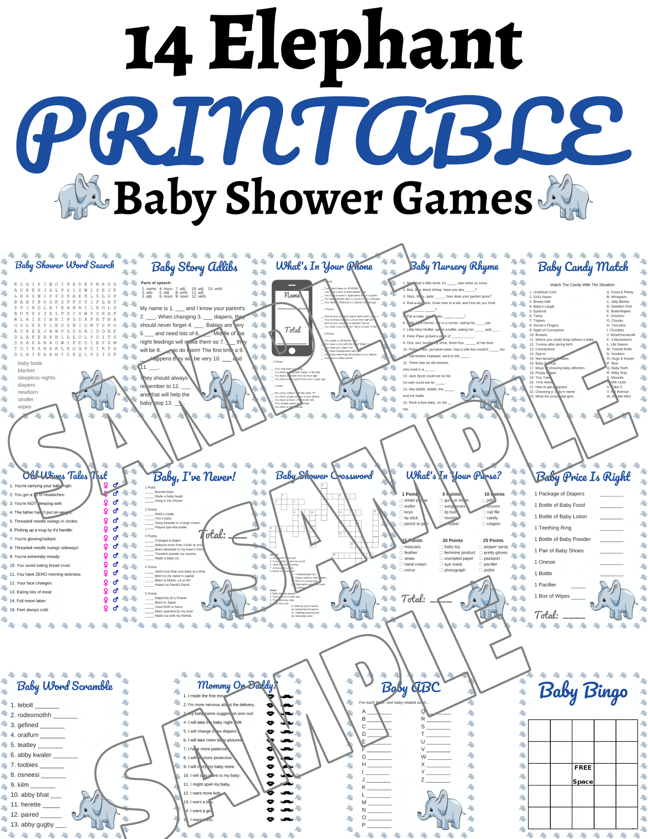 Elephant Printable Baby Shower Games Bundle Plus Banner Digital You Publishing
