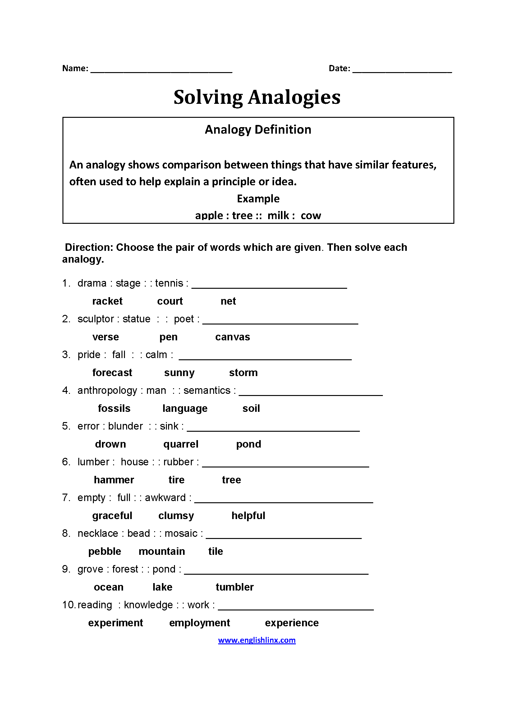 Englishlinx Analogy Worksheets