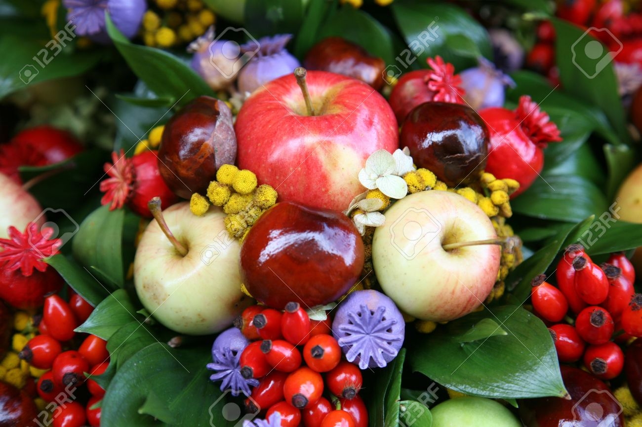 Fall Arrangement With Fruits And Flowers Stock Photo Picture And 