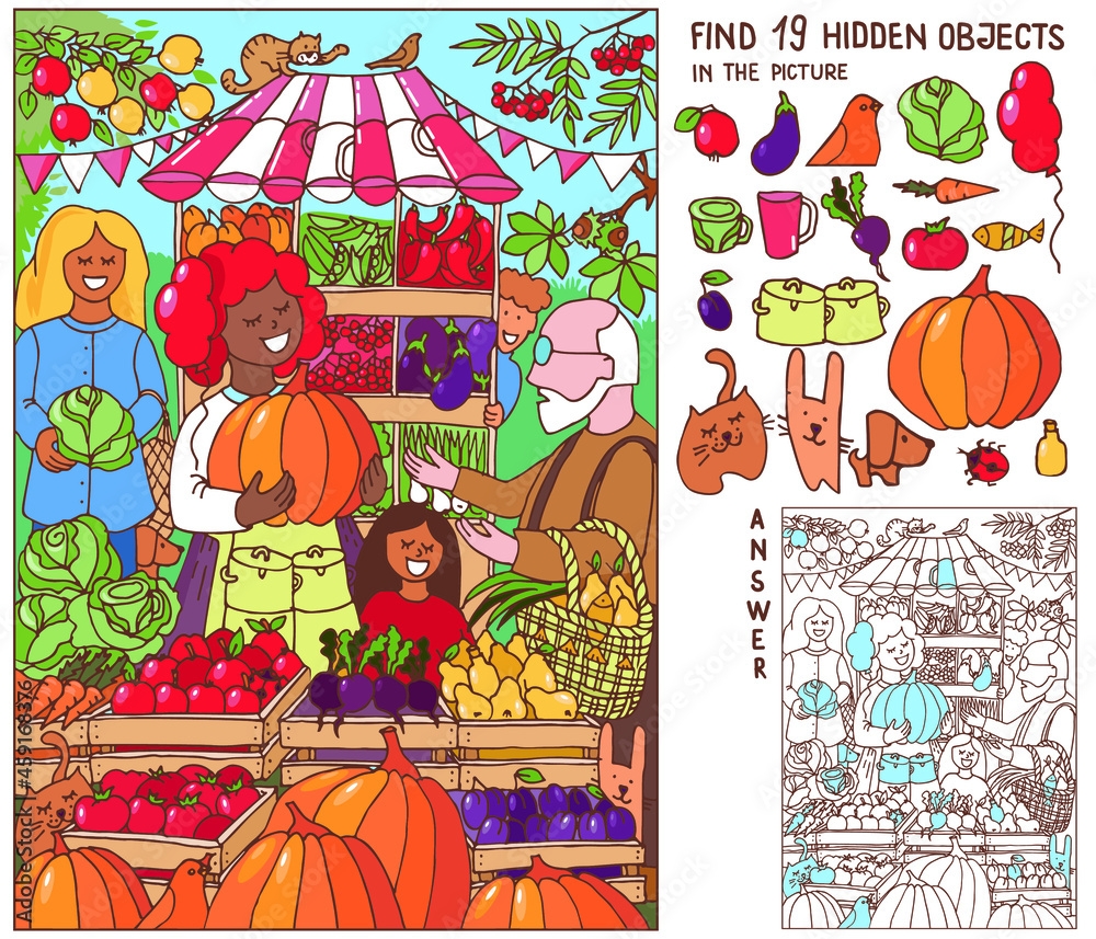 Farmers Market Find Hidden Objects In Picture Farmer Selling Organic Fruits Vegetables Fresh Food Street Marketplace Stall People In Local Street Fair Puzzle Game For Kids Adult Sketch Vector Stock vektor Adobe