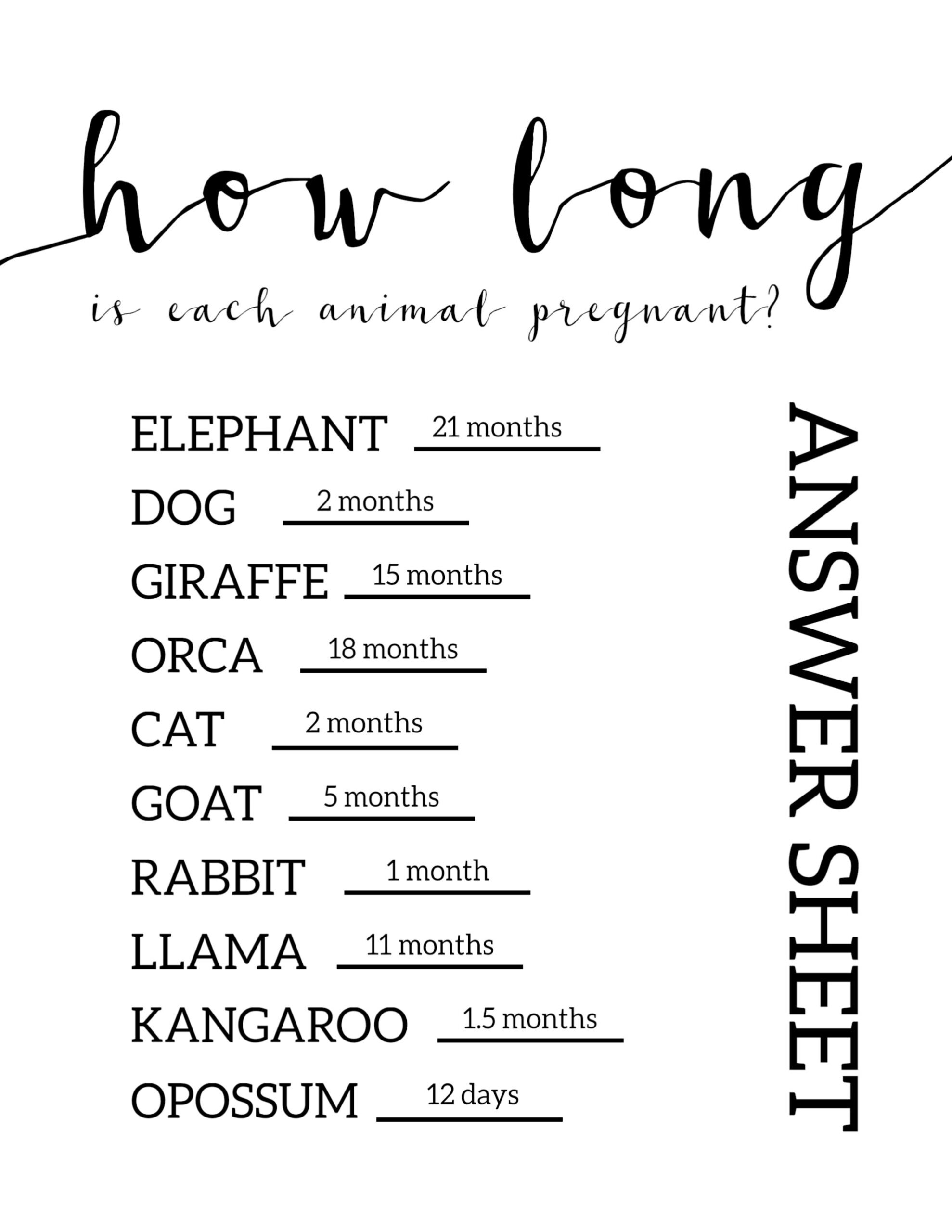 Free Baby Shower Games Printable Animal Pregnancies Paper 