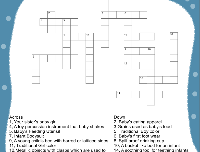 Free Printable Baby Shower Crossword Puzzle Game