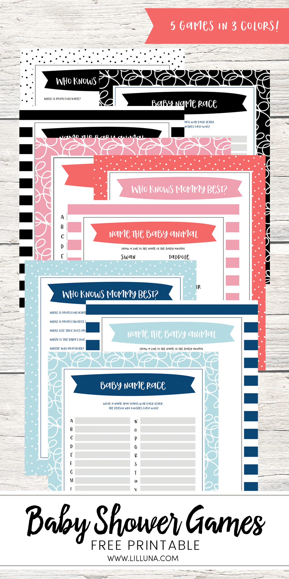FREE Printable Baby Shower Games 5 Games in 3 Colors Lil Luna
