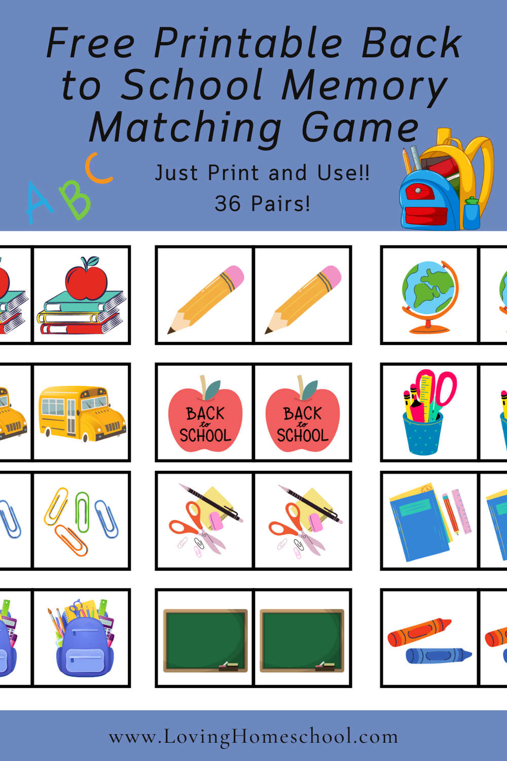 Free Printable Back To School Memory Matching Game LovingHomeschool