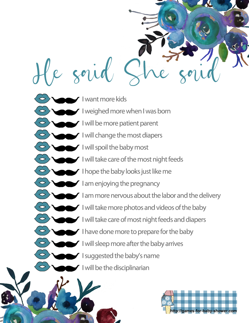 Free Printable He Said She Said Baby Shower Game