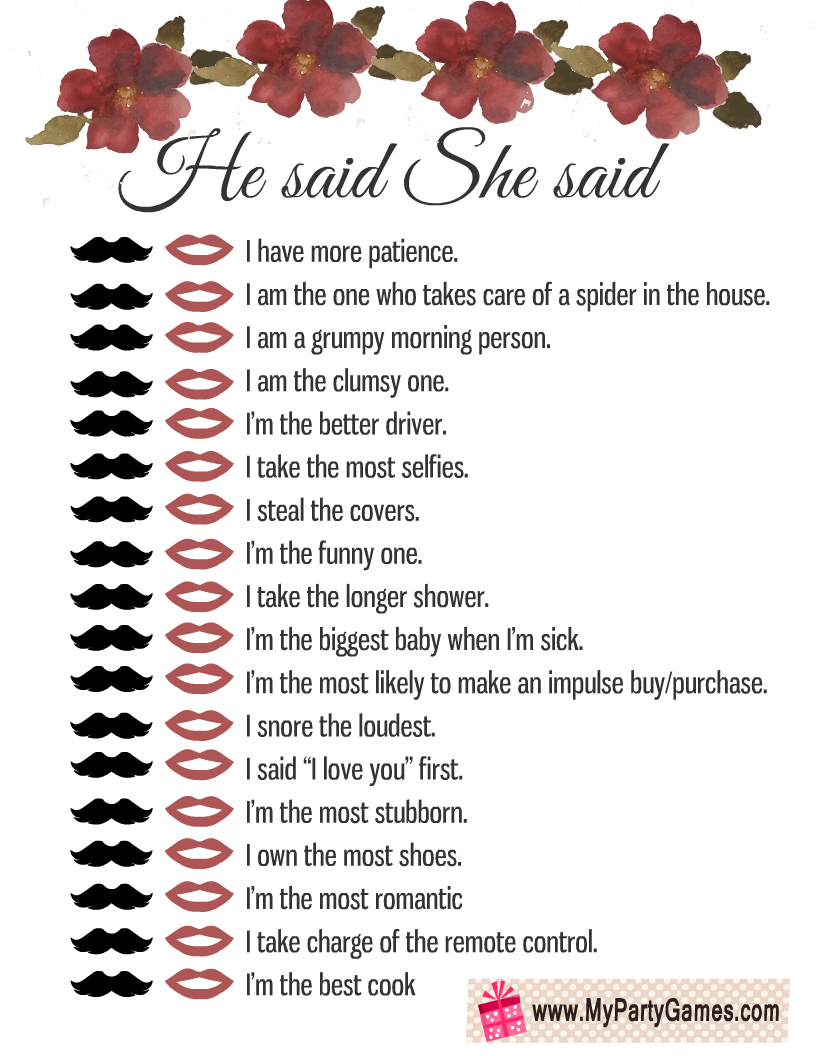 Free Printable He Said She Said Game For Anniversary Party