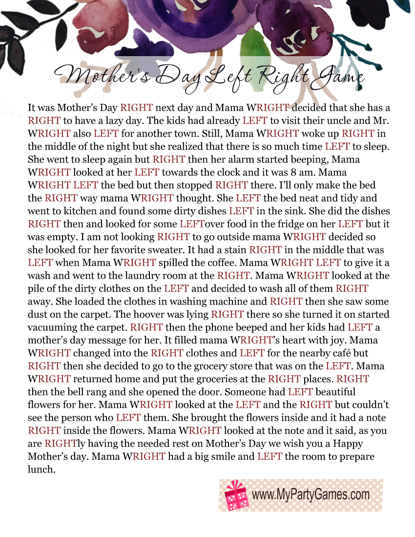 Free Printable Mother s Day Left Right Story Game