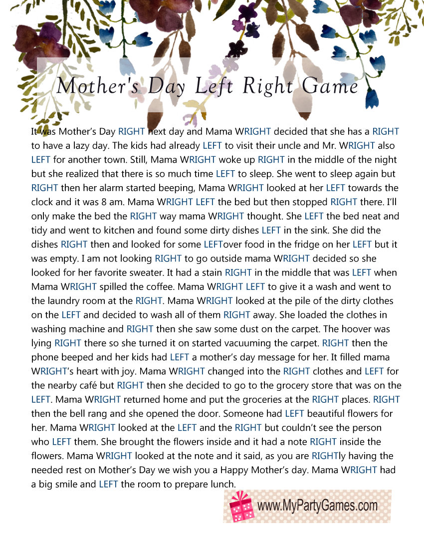 Free Printable Mother s Day Left Right Story Game