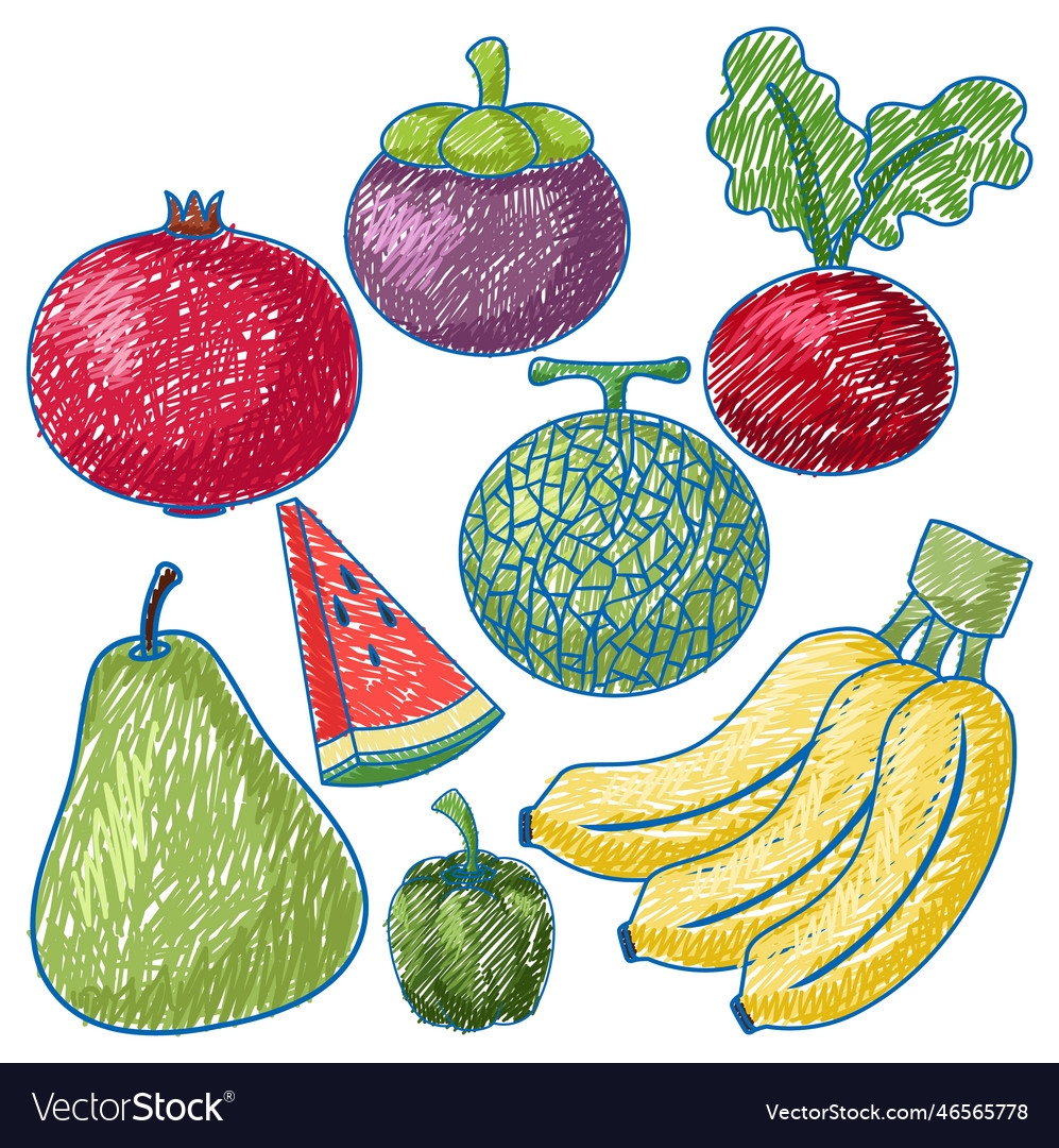 Fruits And Vegetables In Pencil Colour Sketch Vector Image