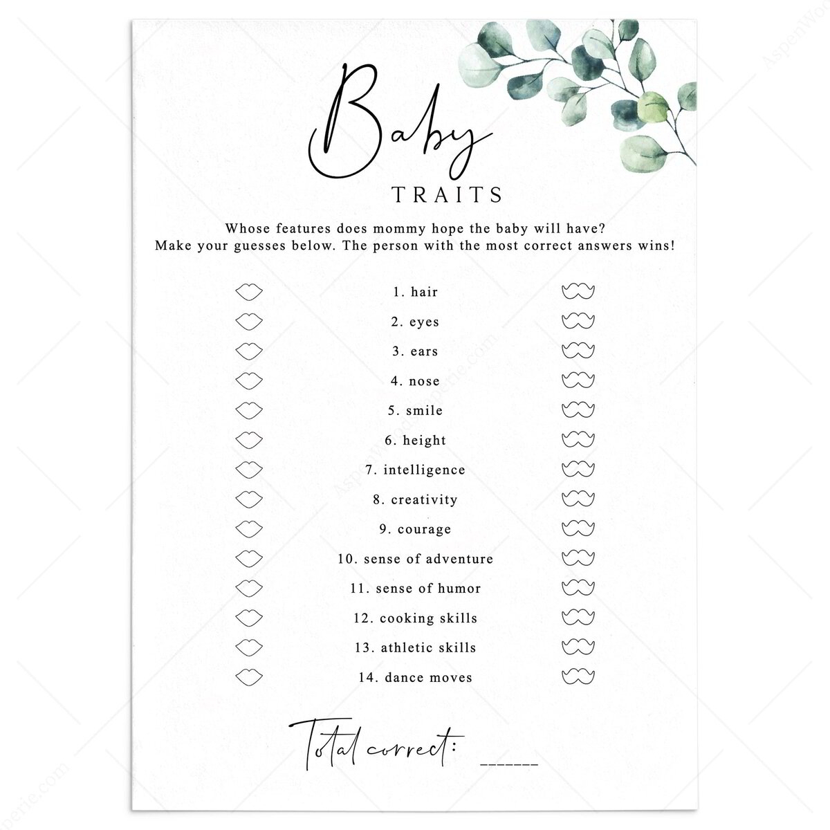 Fun Baby Traits Game Greenery Baby Shower Ideas Printable