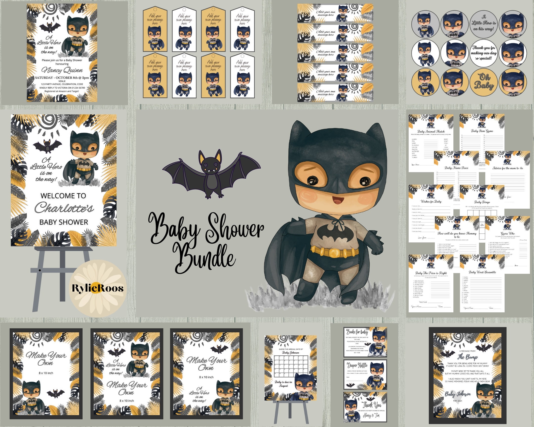 Gold Batboy Baby Shower Bundle Bat Boy Baby Shower Decor Superhero Shower Invitation Superhero Baby Shower Complete Baby Shower Etsy