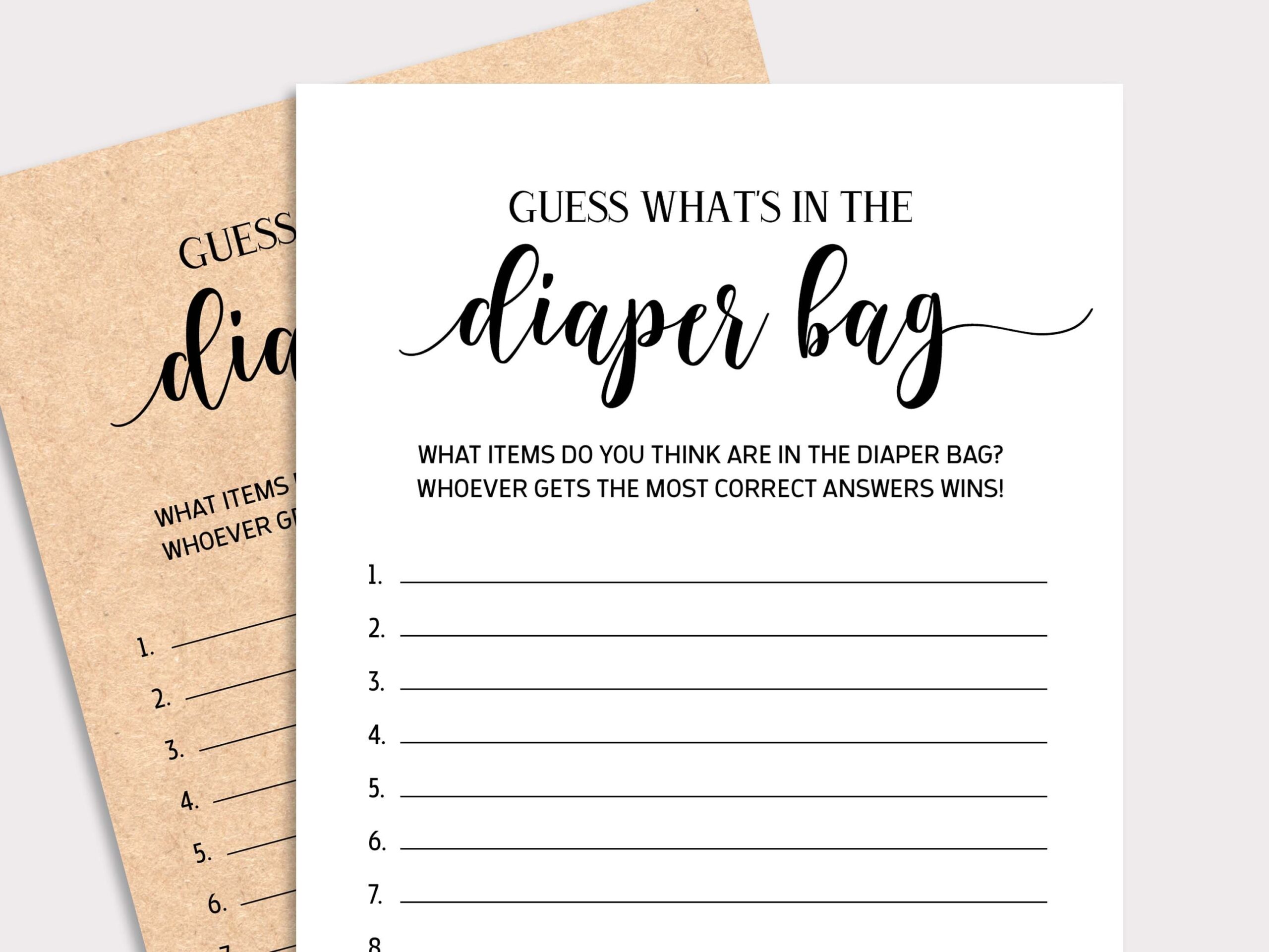 Guess What s In The Diaper Bag Baby Shower Printable Game What Is In The Diaper Bag Kraft And Black And White Theme Instant Download K16 Etsy