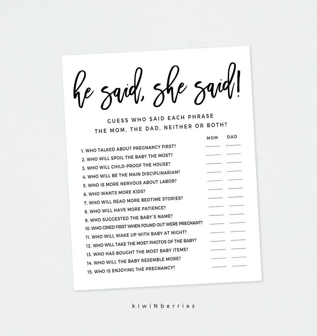 He Said She Said Baby Shower Games Mom Or Dad Game Mommy Or Daddy Shower Game Generic Baby Shower Gender Neutral Baby Shower A133 Etsy Australia